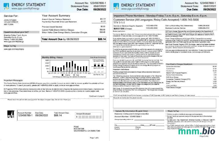 USA California PG &E (Pacific Gas and Electric Firma) rachunek za media, szablon Word i PDF, 6 stron 1 2
